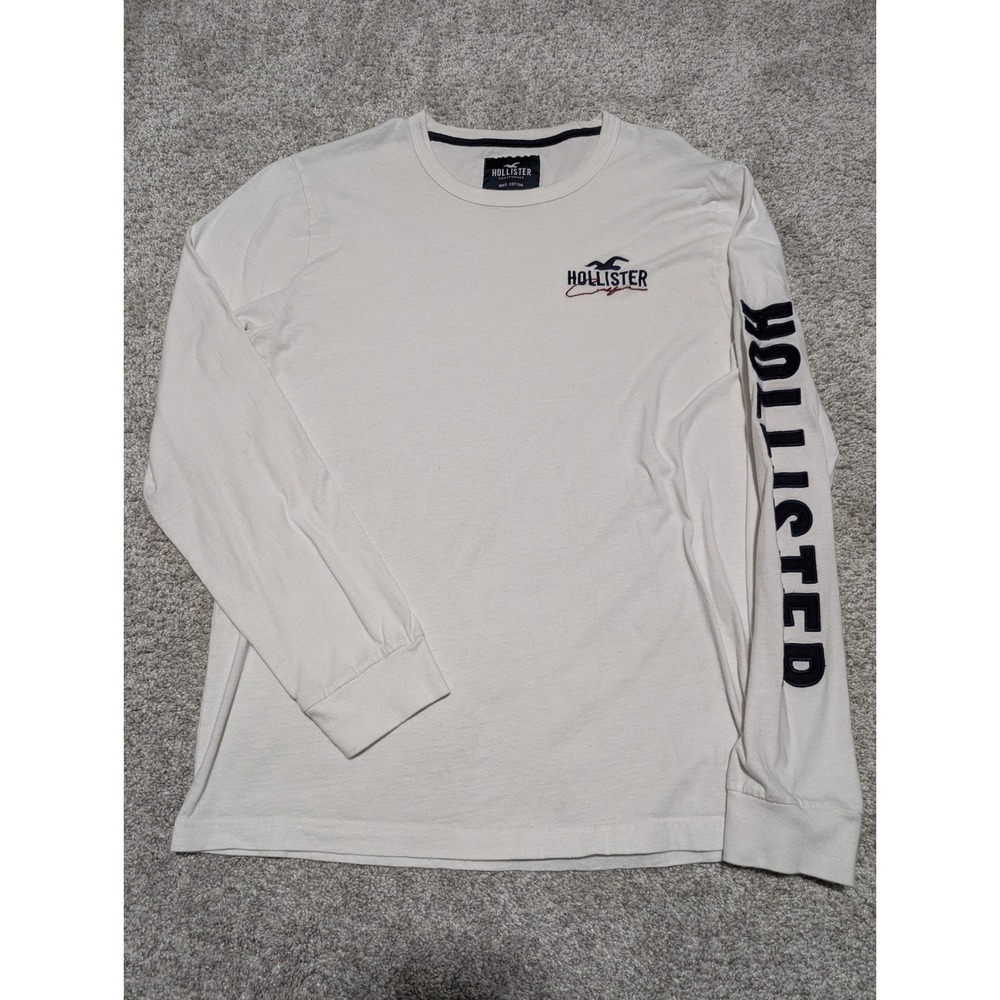 Hollister Mens Long Sleeve T Shirt Cream Graphic Print Size L Embroidered‎